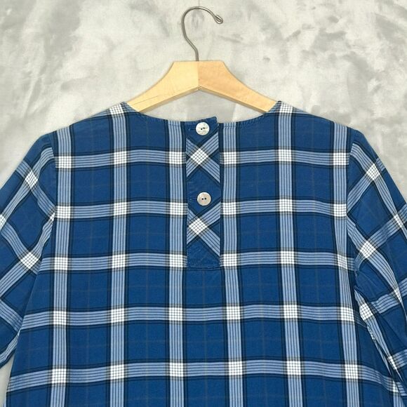 J. Jill Top Womens Small Blue Plaid Chambray 3/4 Sleeve A Line Hi Low Button - Picture 3 of 12